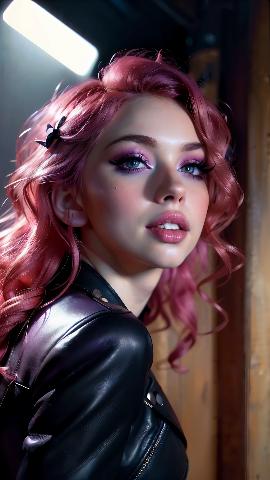 (((ultra realistic))) Photo, masterpiece, top quality, (Pale skin), (Ultra detailed face and eyes.:1.3), 1 girl, adult, on a t-shirt, ((eye makeup, pink mascara)), ((smile)), ((big detailed lips)), ((rosa wavy hair)), ((Chiolka)) , (natural breasts), Thin waist. ((Posing)), Photoshoot, studio (Soft lighting), (The game of lights and shadows), depth of field, bokeh, (Special attention to leather details.: 1.2), detailed leather texture, skin pores. (Warm frame environment.. Color range: violet, rosa, blue tones), DR, ((film grain)), ((good heavens)), (Glare), ((portrait from the waist up)) , ultra detialed,