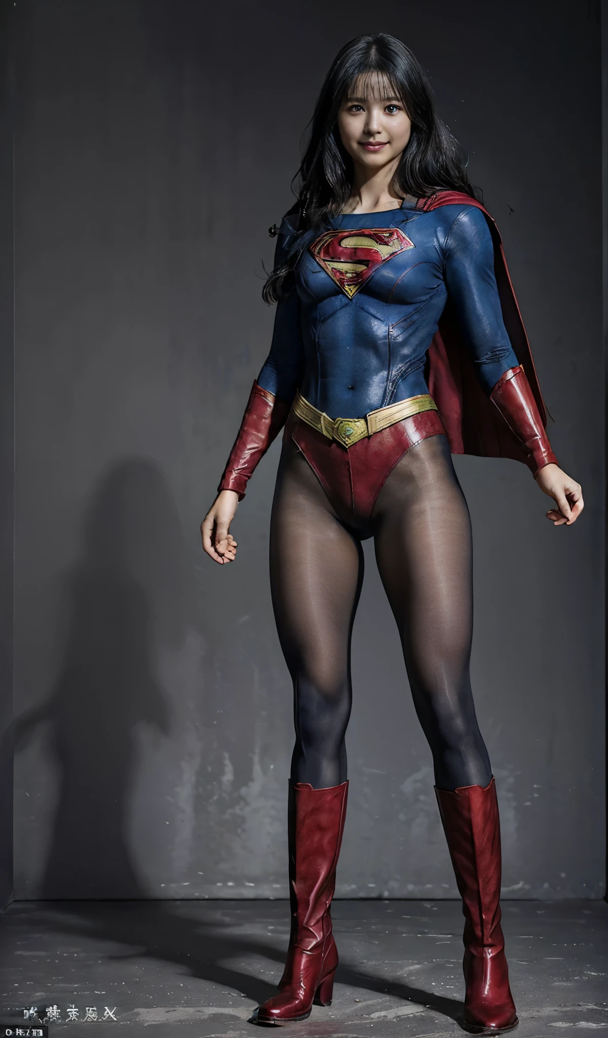 No background、(((Beautiful legs in black tights.)))、(((Legally express the beauty of your smile)))、((((Make the most of your original images)))、(((Supergirl Costume)))、(((Beautiful boyish short hairstyle)))、(((suffering)))、(((Please wear black tights....、Wear red boots)))、((Best image quality、8k))、((Highest quality、8k、masterpiece:1.3))、(((Preserve background )))、Sharp focus:1.2、Beautiful woman with perfect figure:1.4、Slim Abs:1.2、Wet body:1.5、Highly detailed face and skin texture、8k