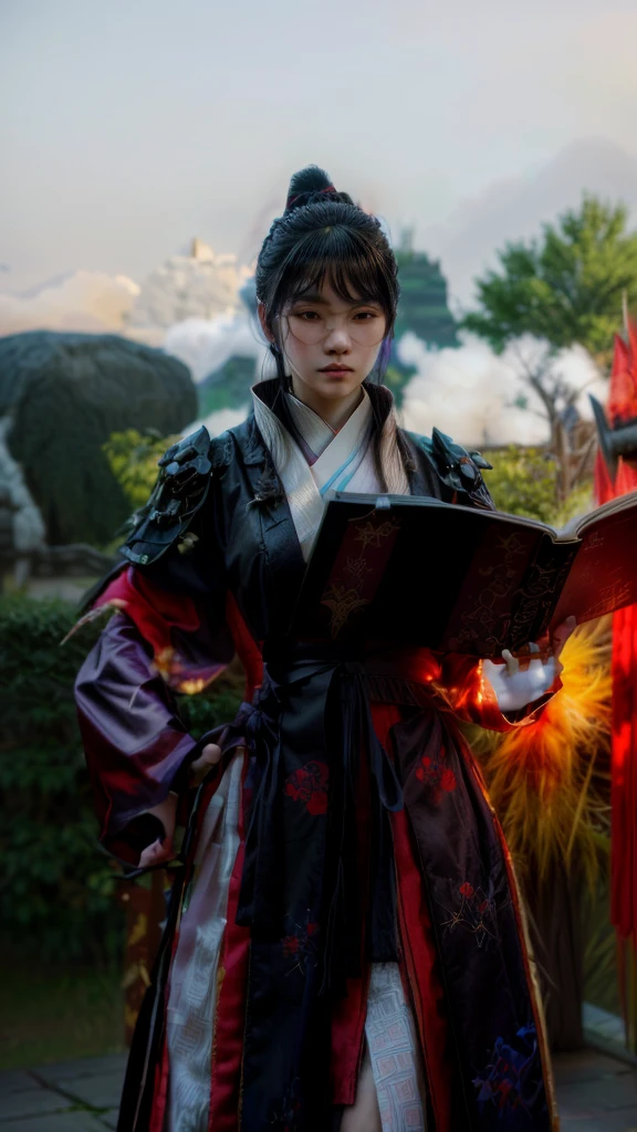 there is a woman dressed in a kimono holding a book, cotton cloud wizard robes, inspired by Li Mei-shu, black hair wizard, mmorpg, portrait of a female magician, full body wuxia, wearing mage robes, mmo, dressed like a clergyman, <Cena MMORPGS, wearing mage robes cheias de estrelas