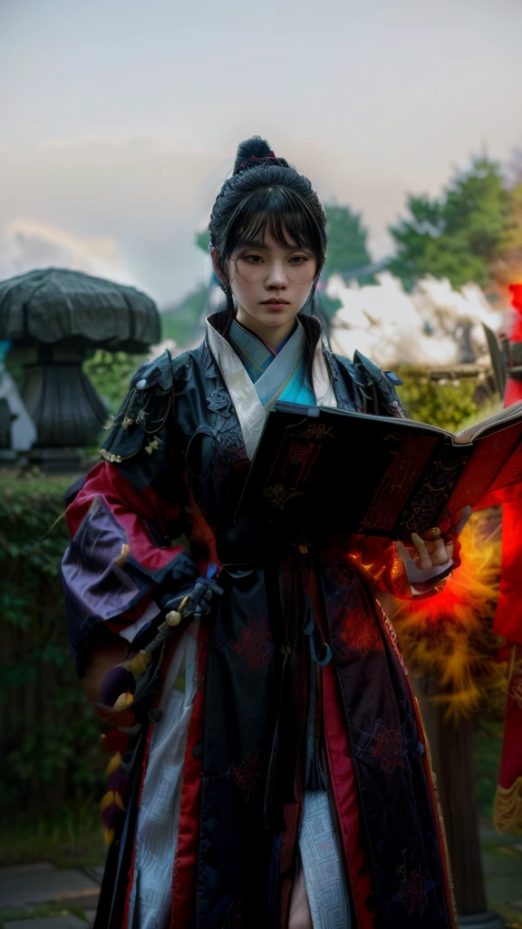 there is a woman dressed in a kimono holding a book, cotton cloud wizard robes, inspired by Li Mei-shu, black hair wizard, mmorpg, portrait of a female magician, full body wuxia, wearing mage robes, mmo, dressed like a clergyman, <Cena MMORPGS, wearing mage robes cheias de estrelas
