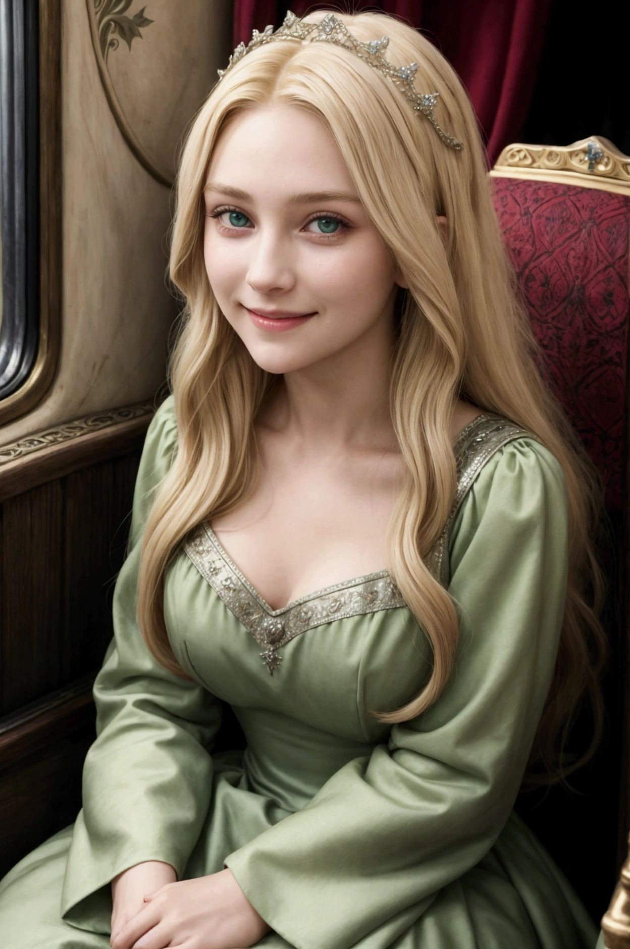 a young woman with long light blonde hair and dark green eyes sitting in a medieval royal carriage, with a dress typical of medieval royalty, Grinning.