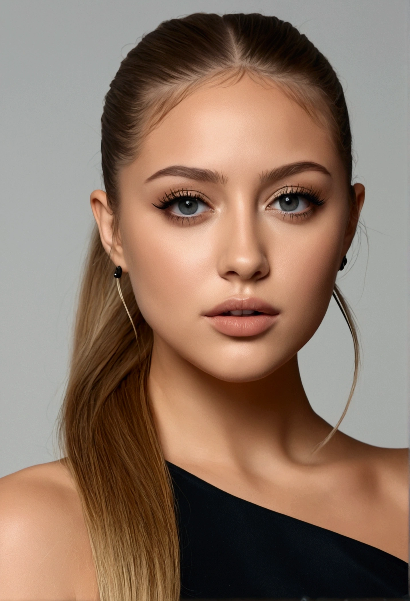 A very realistic and detailed photo of Ester Exposito wear a black short dress,light makeup, long straight ponytail blonde hair, high quality photo 4k, very detailed, perfect fit, looking at the camera, detailed face, detailed eyes,