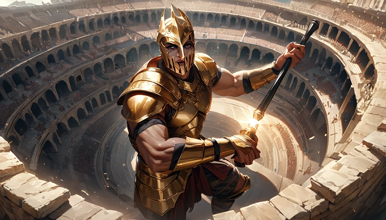 Super detailed, ultra hd, 8k, best quality, masterpiece, super realistic, Man, muscular, gladiator, colloseum, holding mace, gladiator mask, golden armor, black eye, spirit face, perfect face, day, sun reflection, realistic light, intense situation, war atmosphere