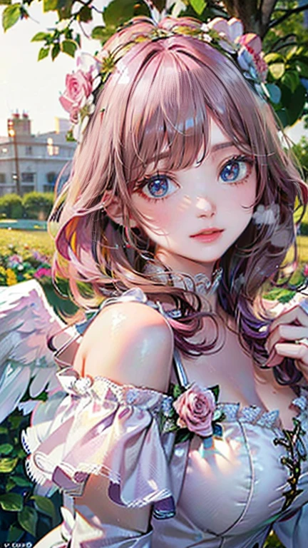 (masterpiece, Highest quality:1.3), (Very detailed:1.2), (hyperRealistic:1.3), (RAW Photos:1.2), High resolution raw color photos, Professional photos, (PhotoRealistic:1.4), (Realistic:1.4), (Pink Hair:1.5), Professional Lighting, Perfect ???????, (Big Breasts:1.2), (blush, Detailed face), (smile:1.7), sexy, ?????? sexy, ランダムなsexyなグラビアポーズ, (An angel in a white gold off-the-shoulder sundress、so beautiful、Wearing a flower crown and smiling gracefully in a flower field、Pearl Earrings、Pose picking flowers。:1.3)、Archangel Raphael、It has large white wings on its back.、Has the appearance of an angel、Taking the form of an archangel、holding a pink rose in hand