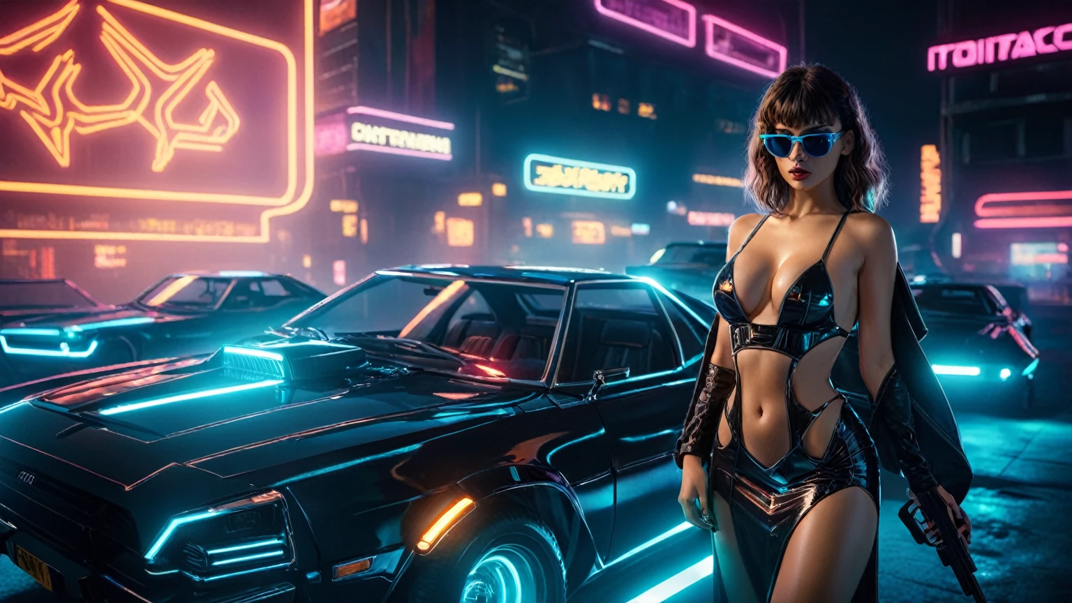 (aerial view), Blade Runner style futuristic cars park, neon lights, at night. (1girl, solo, alone), large-breast:1.2 slim:0.7 body, cleavage:1.1, sexy dress:1.4, black micro sunglasses, holding a pistol:1.8, dynamic pose, half-body thigh level medium shot, cinematic lighting, ray tracing.