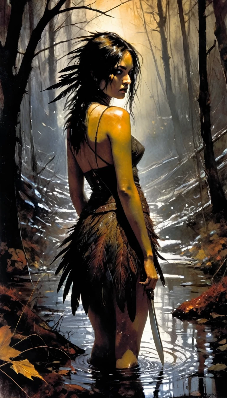 indian girl, wild west, very sexy indian girl, feathers, knife, blood spattered, sneaking through a forest in autumn, small stream, night , eroticism, sexy, black and white image, between shadows, oil painting, chiaroscuro, sensual, dramatic lighting, moody atmosphere, photorealistic, intricate details, masterpiece, ultra-detailed, high quality, 8k, best quality, realistic, cinematic, dark and brooding, expressionistic, powerful composition, emotional impact, art inspired by Bill Sienkiewicz and dave mckean
