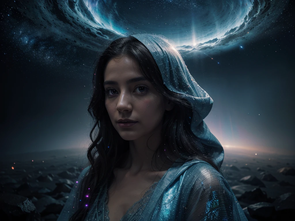 A spectral ethereal traveler, drifting through the cosmic void with ghostly wisps trailing behind. This concept art piece is a digitally rendered painting, showcasing intricate details and vivid colors that bring the otherworldly explorer to life. The figure is cloaked in shimmering, translucent robes that seem to merge seamlessly with the vast expanse of stars and galaxies in the background. The creature's face is obscured by a veil of cosmic dust, giving an air of mystery and intrigue. The overall quality of the image is breathtaking, with a sense of awe and wonder that captures the imagination of the viewer.