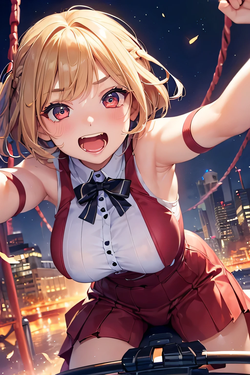 Highest quality、High resolution、Detailed Background、(Beautiful face in every detail:1.4)、Anatomically correct、(Normal number of fingers:1.2)、Highly detailed face、Detailed eyes、Teenage beauty、Huge breasts、Perfect body line、Light color hair、Braided bob cut、Braided Ponytail、Braided twin tails、well-groomed eyebrows、Attraction Park、Thrilling attractions、Stretch your arms、Show your side、
(Girl screaming with excitement and joy while riding a thrilling ride:1.5)、
Extremely excited、eyes wide open、Mouth slightly open or smiling widely、A slight redness on the face and neck due to an increased heart rate