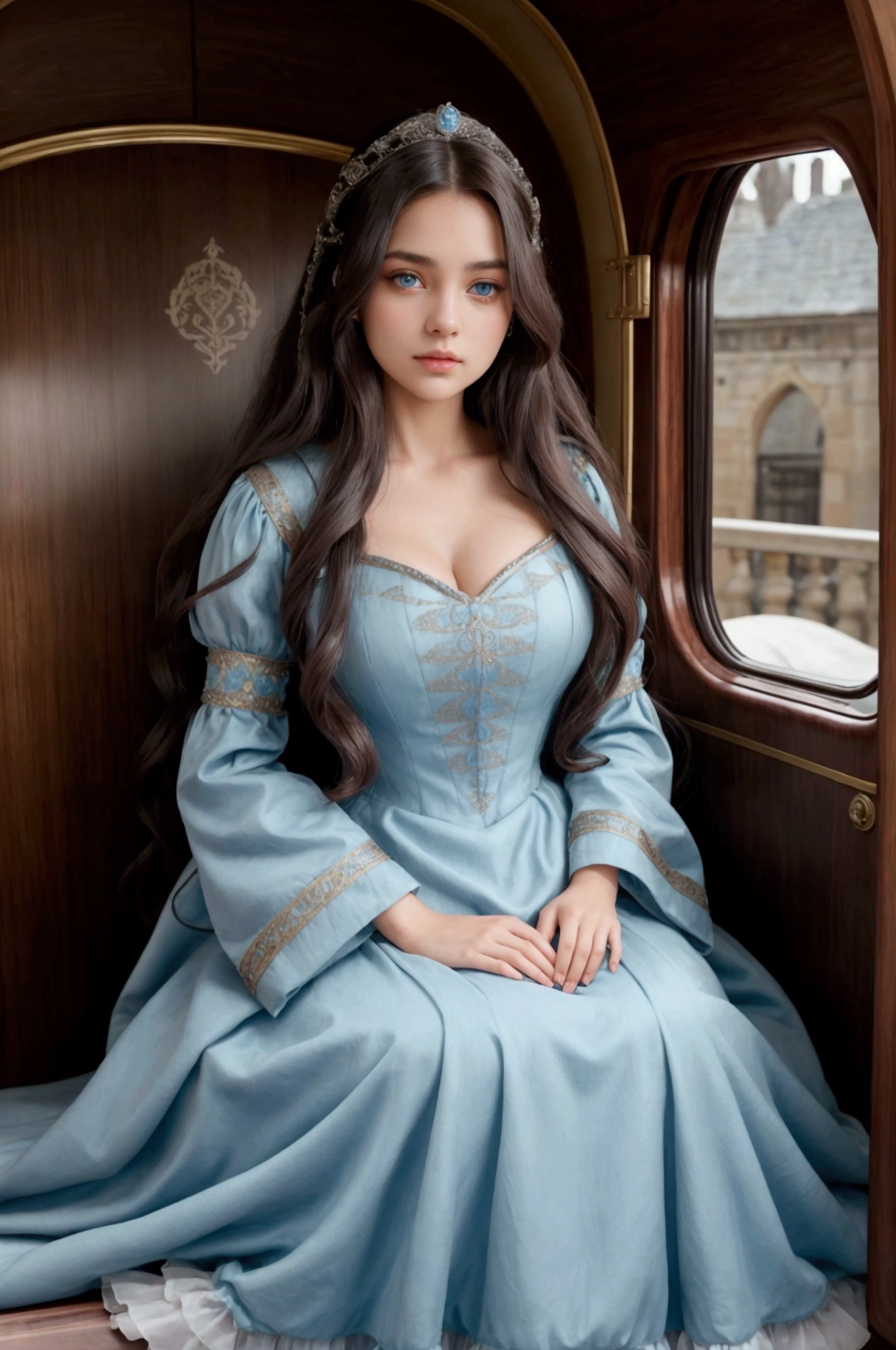 a young woman with dark brown skin, light blue eyes and long dark wavy hair, in a royal carriage wearing a chic medieval dress.