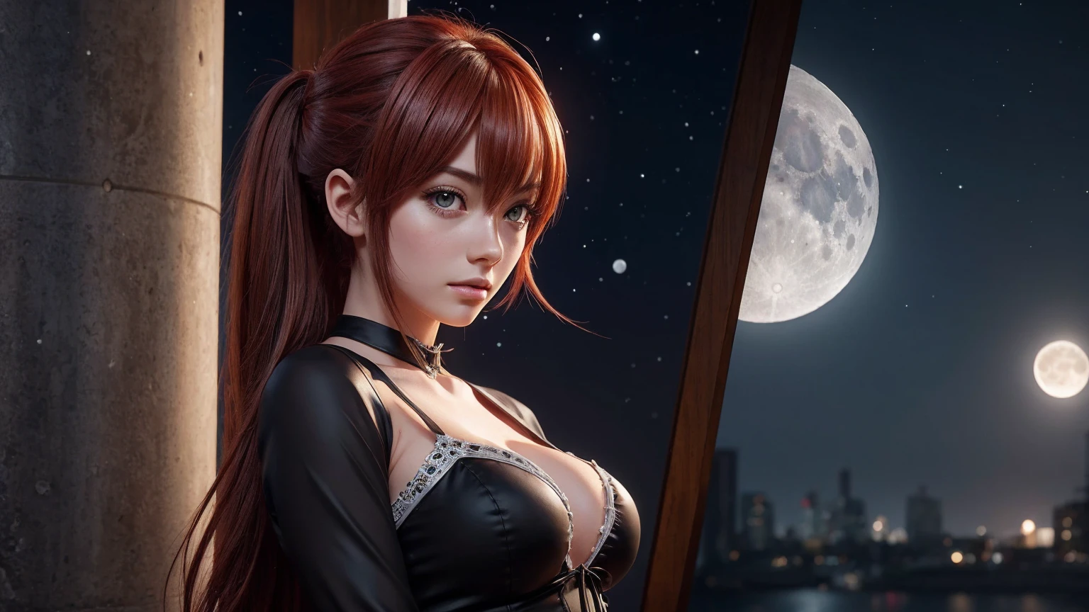 Experience a range of styles and variations in this stylistic rendering of a girl with the same charm and elegance as Rias Gremori from High School DxD, lost in thought while looking out at the mesmerizing moon. Choose your preferred render type and be amazed!