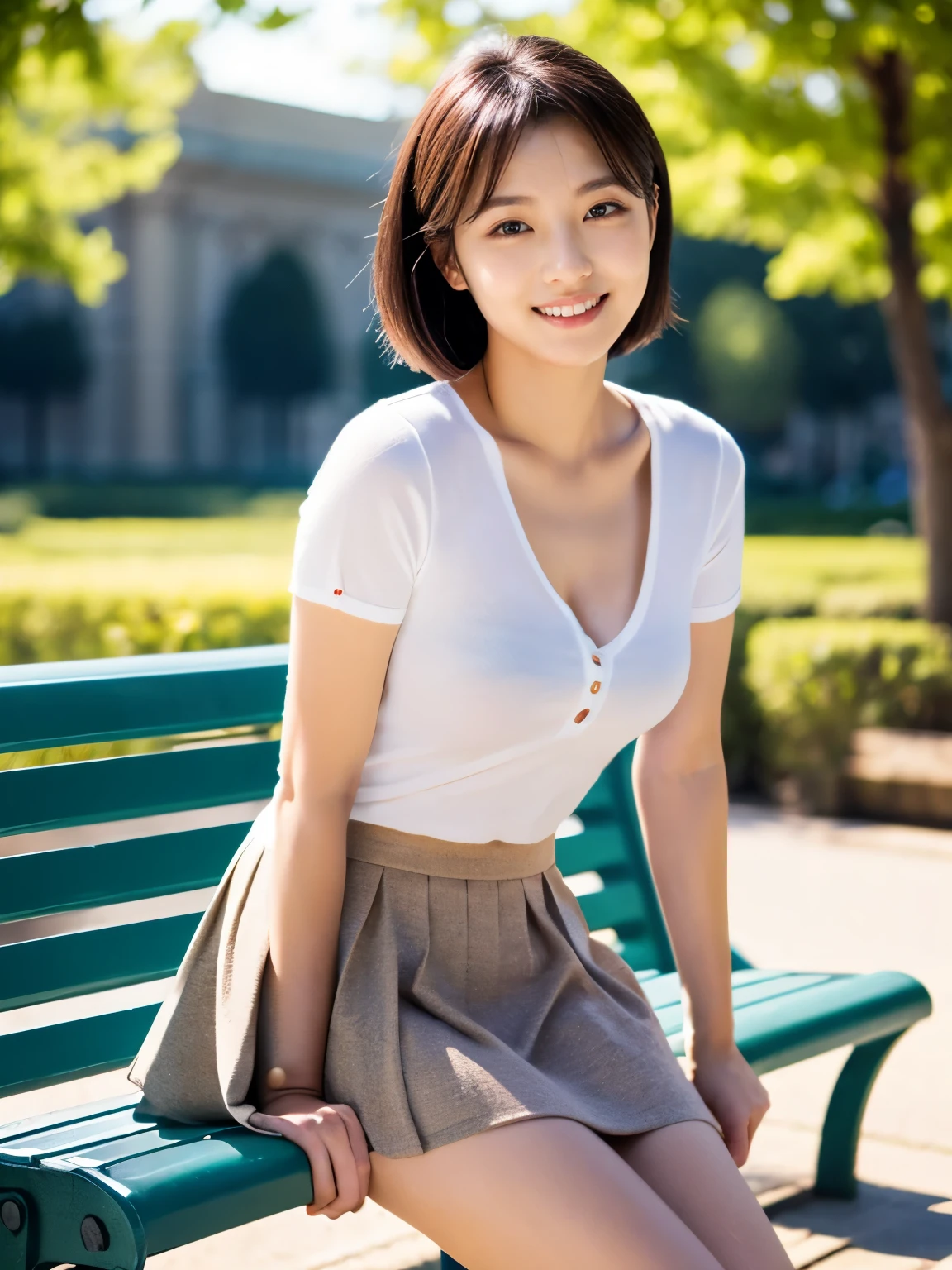 (Detailed skin:1.2),(Glowing Skin:1.1), 8k, highest quality, masterpiece, Ultra-high resolution, (Realistic:1.4), RAW Photos, (Soft saturation:1.3), (色white:1.2), Korean Idol, 27 years old, (masterpiece, highest quality: 1.2),(Highly detailed face, whole body,The real picture, Realistic Skin, Realistic body, Intricate details),Lightly reddish, (Neat and cool casual wear (white)), whiteいブラジャー, Ultra mini skirt 、Tight Skirt、 Sitting on a park bench、(Legs crossed:1.2、Long, slender legs、Beautiful legs)、Beautiful Face、brown hair、short hair, Small breasts, Are thin、Standing there watching me、Smiling、Japanese、Well-formed eyes、Symmetrical eyes、Slender body、I feel like I want to protect you、A neat and clean woman、flat chest、　neat woman, natural beauty、　light makeup　、Thin waist
