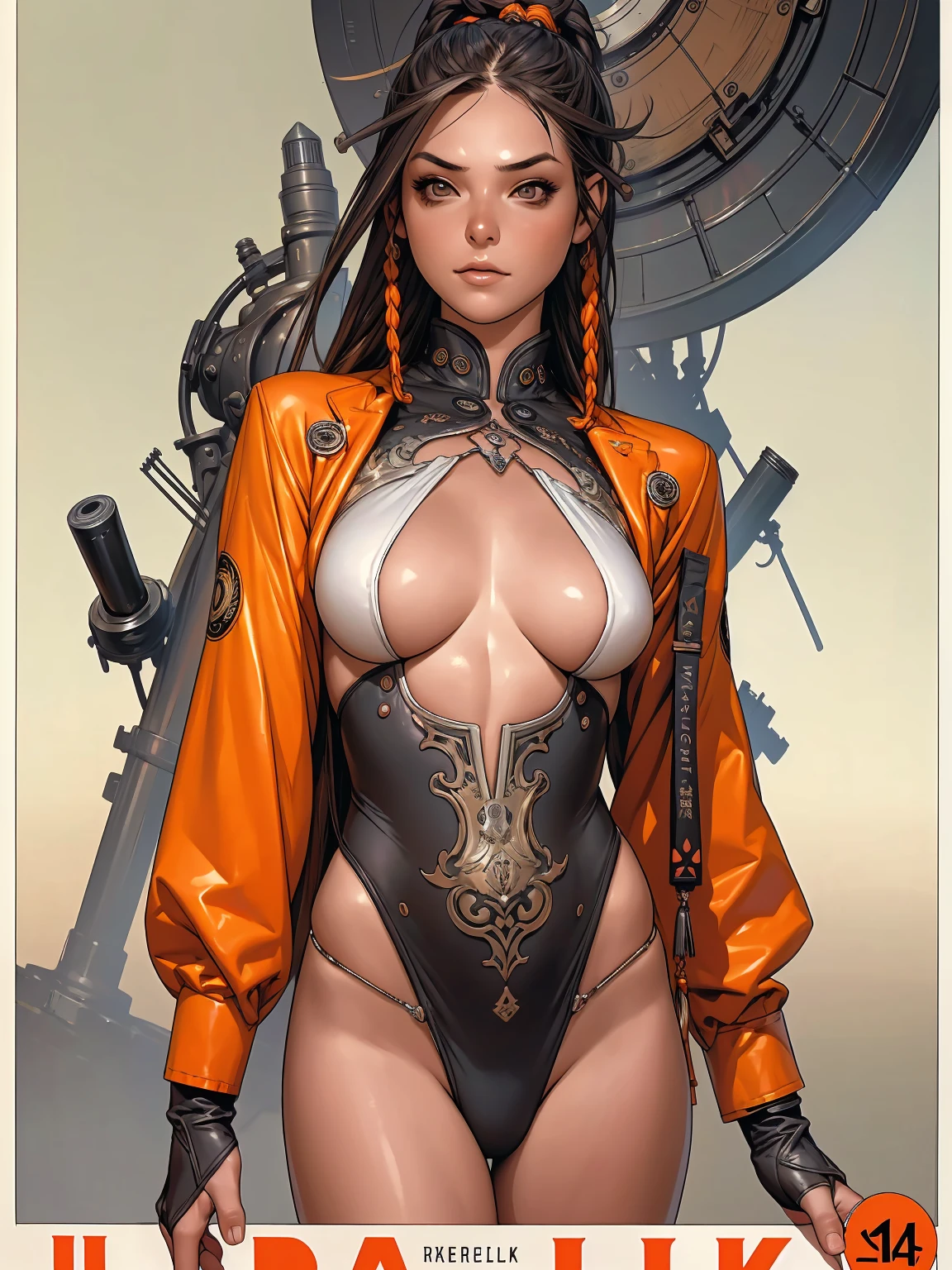 (((best final quality))), ssmile(((standing alone:1.2))),(((1 girl:1.2))),((((beautiful perfect woman)))),(((perfectbody detalhado, perfect finger detailed))),((((((final film poster)))))),(((to burst, close up))),((((detailed complicated machine)))),(((((mechanical genius))))),(((American comics))),(((extreme highlights))),(((extremely colorful, primary colours))),neckleace, super beautiful lady,(((Typography))),text, (Unbeatable masterpiece), (hiper HD),(CG 8k hyper-realistic), (((brave face))), (((breasts big))), (((hyper feminine))), (((musclegirl))), sexly girl, king of fighter,(straight hair with thin braids)), ((( sculptural body ))), (((1 girl))), garota de 25 anos com perfectbody,,Beautiful and well-groomed face,muscular body:1.2,solid color detailed jacket, (Head to thigh photos), Complex equipment, (((standing alone))), pirralha violent, ((())), sexly, pose de atitude, work of art, post-apocalypse, (((manga style))), bounty hunter, violent, Manic, the way you want, slenderbody, thin but strong, perfectbody, roupa moderna, advanced technology, neon, sleeves with vertical striped pattern, intricate background, (( cowboy shot )). intricate visual