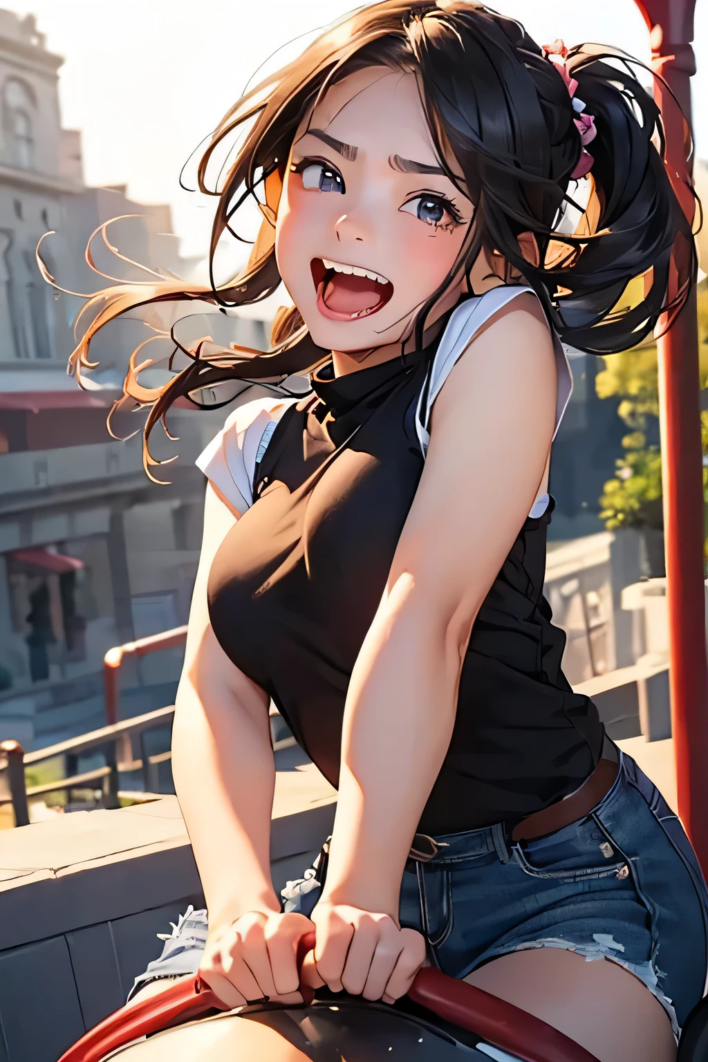 Highest quality、High resolution、Detailed Background、(Beautiful face in every detail:1.4)、Anatomically correct、(Normal number of fingers:1.2)、Highly detailed face、Detailed eyes、Teenage beauty、Huge breasts、Perfect body line、Light color hair、Braided bob cut、Braided Ponytail、Braided twin tails、well-groomed eyebrows、Attraction Park、Thrilling attractions、Stretch your arms、Show your side、
(Girl screaming with excitement and joy while riding a thrilling ride:1.5)、
Extremely excited、eyes wide open、Mouth slightly open or smiling widely、A slight redness on the face and neck due to an increased heart rate