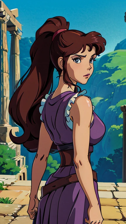 (a girl as megara), (extremely detailed CG unit 8k wallpaper),(master part), (best quality), (ultra detail), (best illustration),(ghibli style), cowboy shot,(Sharp eyeliner, ombre, detailed eyes:1),Greek Ruins, outdoors, GHIBLI_Background,break,upper body, long, dark auburn hair tied into a high ponytail,