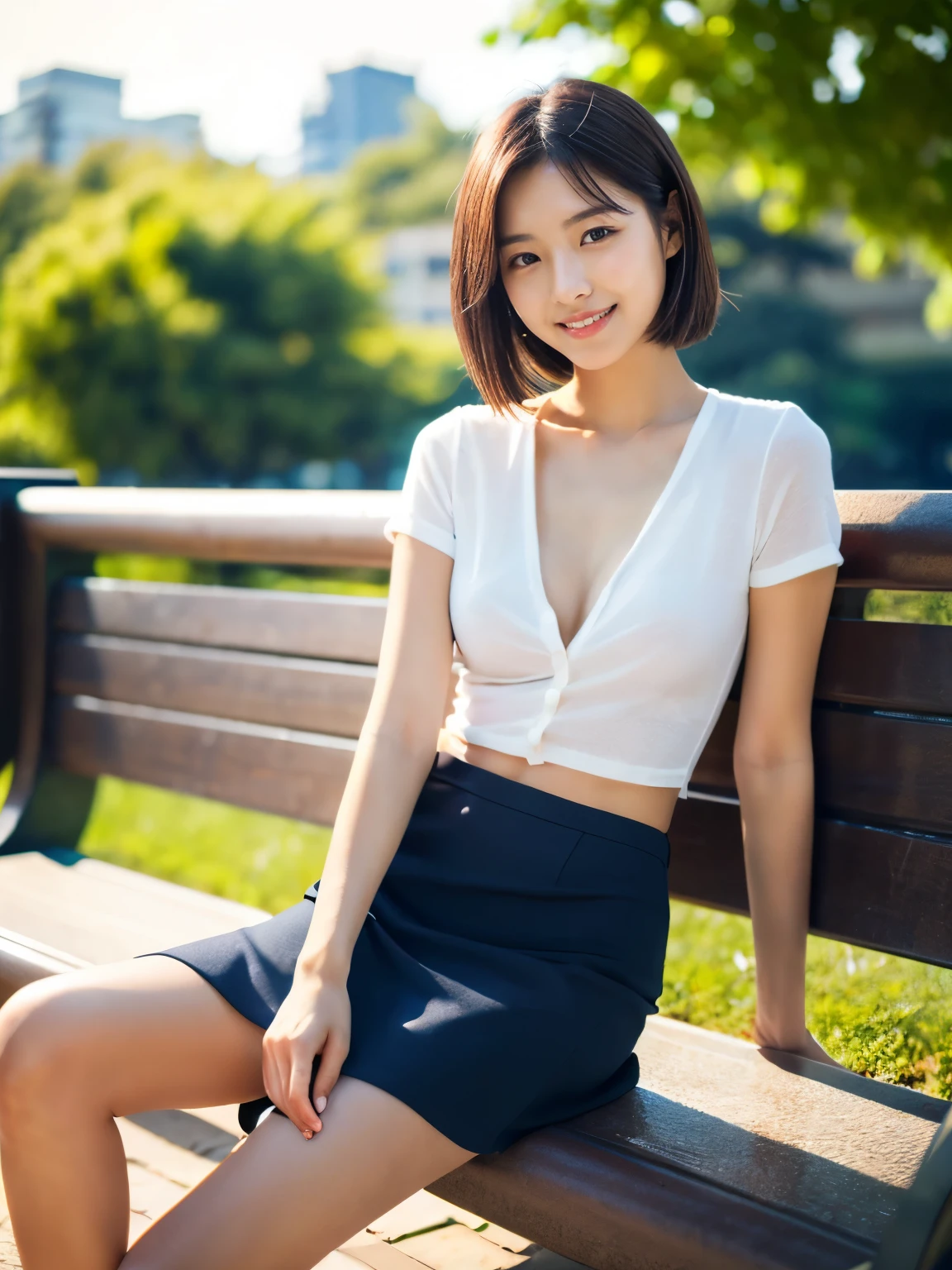 (Detailed skin:1.2),(Glowing Skin:1.1), 8k, highest quality, masterpiece, Ultra-high resolution, (Realistic:1.4), RAW Photos, (Soft saturation:1.3), (色white:1.2), Korean Idol, 27 years old, (masterpiece, highest quality: 1.2),(Highly detailed face, whole body,The real picture, Realistic Skin, Realistic body, Intricate details),Lightly reddish, (Neat and cool casual wear (white)), whiteいブラジャー, Ultra mini skirt 、Tight Skirt、 Sitting on a park bench、(Legs crossed:1.2、Long, slender legs、Beautiful legs)、Beautiful Face、brown hair、short hair, Small breasts, Are thin、Standing there watching me、Smiling、Japanese、Well-formed eyes、Symmetrical eyes、Slender body、I feel like I want to protect you、A neat and clean woman、flat chest、 neat woman, natural beauty、 light makeup 、Thin waist