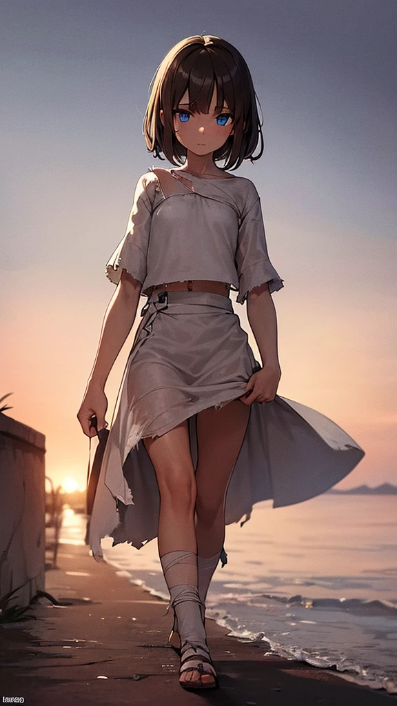 A 8-year-old slave girl, white, thin, injured, with several scars, with torn and dirty clothes, with light brown hair and blue eyes, walking on the deserted street at dusk.