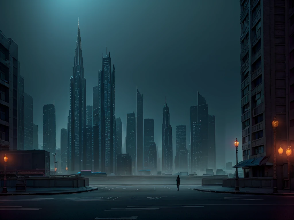 A softly glowing metropolis cloaked in shadow, the neon lights casting a dreamlike haze over the deserted streets. In the center, a lone figure stands, their silhouette obscured by the mist of the night. This image, a hauntingly beautiful photograph, captures the essence of a city caught between light and darkness. The colors are rich and vibrant, creating an otherworldly atmosphere that draws the viewer in. Each detail is exquisitely rendered, from the flickering lights to the intricate textures of the crumbling buildings. This is a masterful work of art that evokes a sense of mystery and intrigue, inviting the viewer to explore the hidden depths of this atmospheric neon-noir paradise.