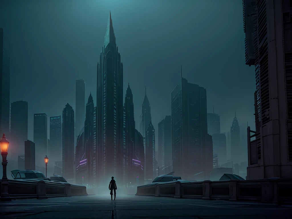 A softly glowing metropolis cloaked in shadow, the neon lights casting a dreamlike haze over the deserted streets. In the center, a lone figure stands, their silhouette obscured by the mist of the night. This image, a hauntingly beautiful photograph, captures the essence of a city caught between light and darkness. The colors are rich and vibrant, creating an otherworldly atmosphere that draws the viewer in. Each detail is exquisitely rendered, from the flickering lights to the intricate textures of the crumbling buildings. This is a masterful work of art that evokes a sense of mystery and intrigue, inviting the viewer to explore the hidden depths of this atmospheric neon-noir paradise.