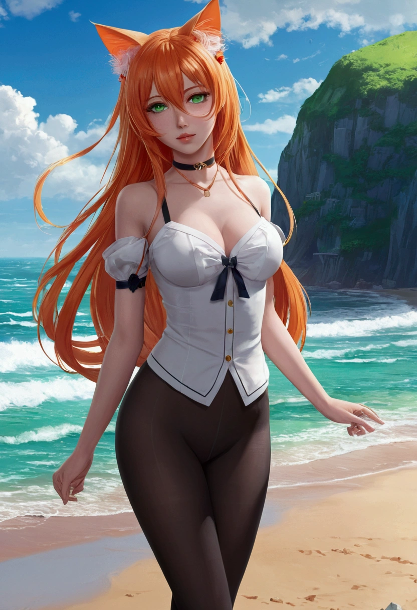 anime girl with long orange hair standing on beach near ocean, green eyes detailed digital anime art, cat ears, , anime girl with long hair, smooth anime cg art, anime girl with long hair, average breast size, digital anime art, artwork in the style of guweiz, beautiful anime portrait, photorealistic anime girl render, beautiful anime girl, advanced digital anime art, pantyhose, guweiz on artstation pixiv upscale HD UHD HQ
