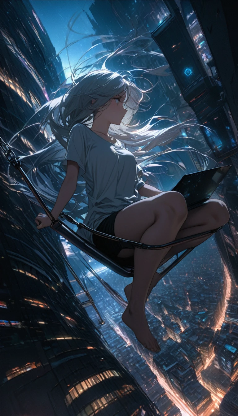 Highest quality, Super Fine, 16K, Incredibly absurd, Very detailed, Beautiful woman sitting on a trapeze suspended between two skyscrapers, Gazing into the distance, Wear a loose long T-shirt, Captivating look, Wind, Wind-effect, moonlit nightscape, (Nice views:1.1) , Clockpunk,Using a laptop