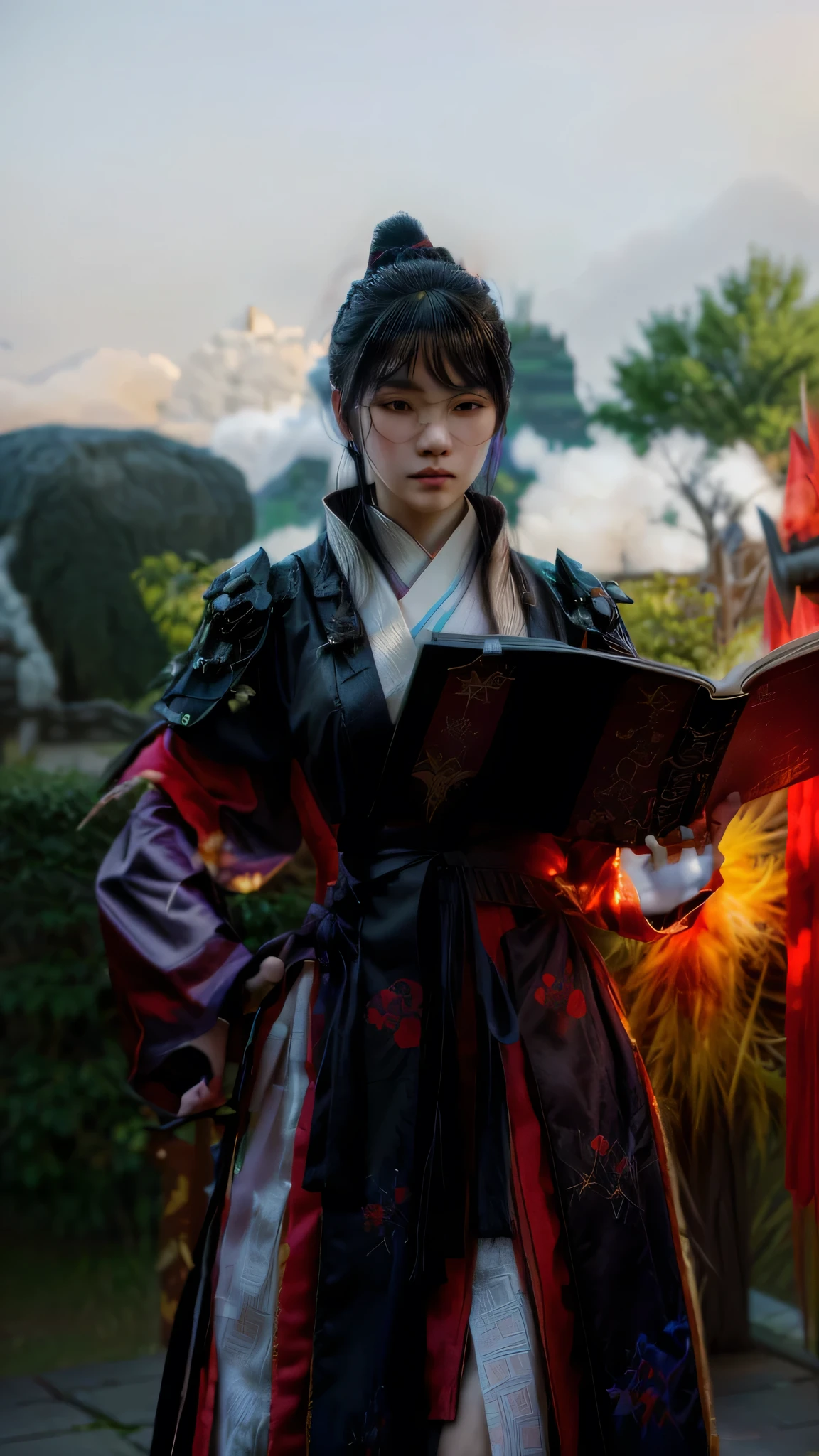 there is a woman dressed in a kimono holding a book, cotton cloud wizard robes, inspired by Li Mei-shu, black hair wizard, mmorpg, portrait of a female magician, full body wuxia, wearing mage robes, mmo, dressed like a clergyman, <Cena MMORPGS, wearing mage robes cheias de estrelas