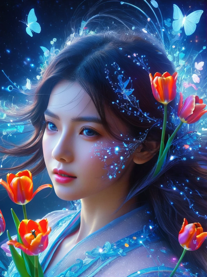 (3D，Mechanical feel，cute，ais-scrapyrd 1girl，tulip)，(使用广角镜头拍摄whole body图像:1.9)，(masterpiece:1.1)，(Highest quality:1.1)，(HDR:1.0)，Ambient Light，Ultra high quality，(Ultra-detailed original illustrations)，(1 Girl，whole body)，(彩虹tulip花裙)，(Slender thighs)，(由tulip花朵制成的鞋子: 1.5)，((Harajuku Fashion))，((Flowers with human eyes，Eye disease))，Double Exposure，Fusion of Fluid Abstract Art，Fault，(Original illustration composition)，(Limited color blending，Extreme art style，Geometric artstyle), , Colorful neon lights，High-tech mechanical parts，Metal body，(详细的振金tulip花朵设计:1.9)，Vibrant colors，动态发光tulip花朵，Reflective metal surface，Bright environment，Dynamic poses，Exquisite existence，Skills Improvement，Interlocking mechanical gears，Stylish design，motion blur effect，Detailed metal treatment，Sci-fi atmosphere，Streamlined aerodynamic shape，Laser scanning pattern，Holographic projection，LED light track，Beautiful and unforgettable，Advanced sensors，Complex algorithms，Ominous and mysterious atmosphere，Electric Spark，Shiny chrome，Propulsion systems of the future，(Best quality，8k，high resolution，masterpiece:1.2)，Super detailed，(whole body:1.8), magazine photography，一个cute的女孩形象，Popular on social platforms，((Dopamineism))，(((Dopamine color matching)))，Dopamine，(in the style of Y2K)，Luo Erchun，3D古风，Oriental poetry and painting