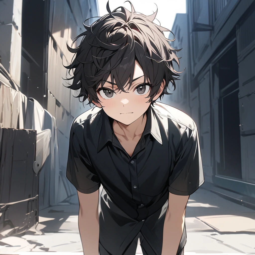 artwork, best quality, well detailed, boy, cute, black eyes, dark hair, short hair, messy hair, not smiling, dress shirt, black t-shirt, short sleeves, looking forward, looking at viewer, standing, still, white background.