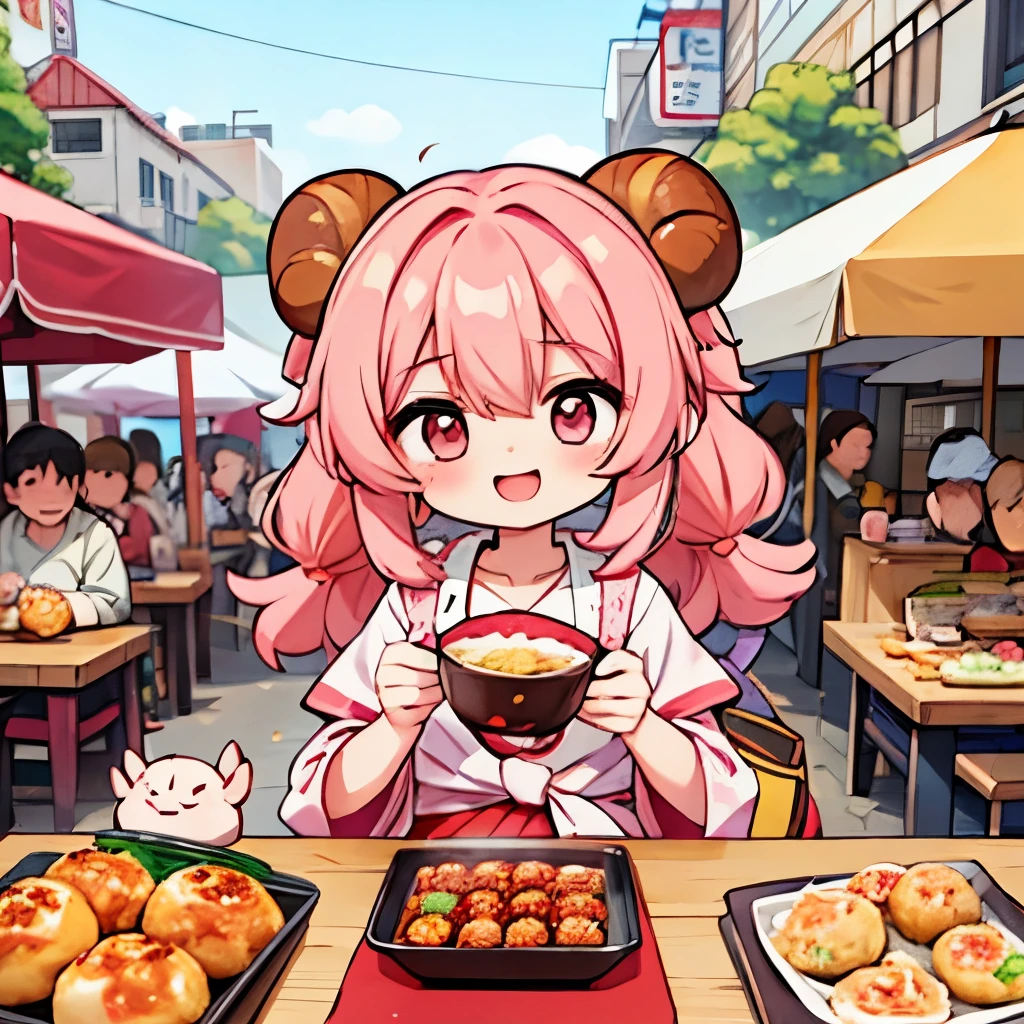 An anime-style illustration of ‘Fua-chan’ eating takoyaki. Fua-chan has distinctive features: long pink hair styled in soft curls resembling sheep’s horns, and pink eyes. She is depicted holding a small tray of takoyaki balls, using a toothpick or skewer to pick up one of the delicious bites. She has a joyful and delighted expression on her face as she enjoys the food. She is wearing casual, comfortable clothing. The background shows a lively setting, such as a street food market or festival, with colorful stalls and other people enjoying the festive atmosphere.