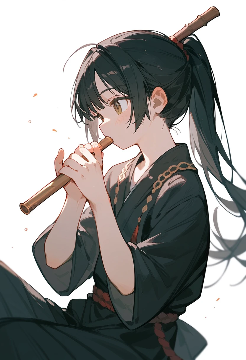 One Girl、cute、Black Hair、ponytail、Playing the flute、White background