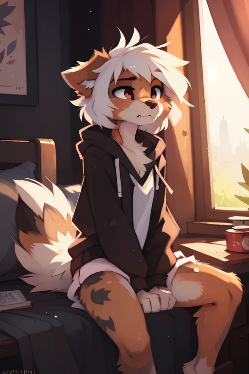 High quality, 8K, by kenket, by swaybat, by reysi, by Zackary911, by hyattlen, by teranen, by fumiko, by Pixelsketcher, by Bayard Wu, by Einshelm, by Kilinah, by Hioshiru, by fluff-kevlar, by Dimwitdog, Furry, Anthro, solo, ((australian shepard)), ((female)), ((young)), fluffy tail, ((slender)), ((short white hair)), chest fluff, short, small breasts, pink panties, oversized long hoodie, pink panties, dark messy dorm room, sitting, angry, frown, mad, upset