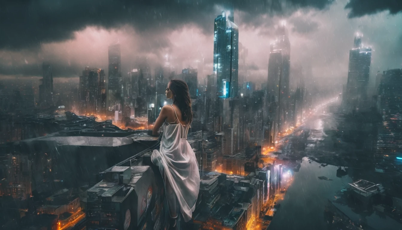 cyber punk [foggy cityscape in the distance : Very cute girl, city:0.33] Immerse yourself in a huge wind current, Living among thunderclouds, Beyond the Clouds, (Double exposure:1.3), photograph：Brandon Wolfermist, Surreal Dreams, Gray atmosphere, Wet day, dynamic, access, High resolution