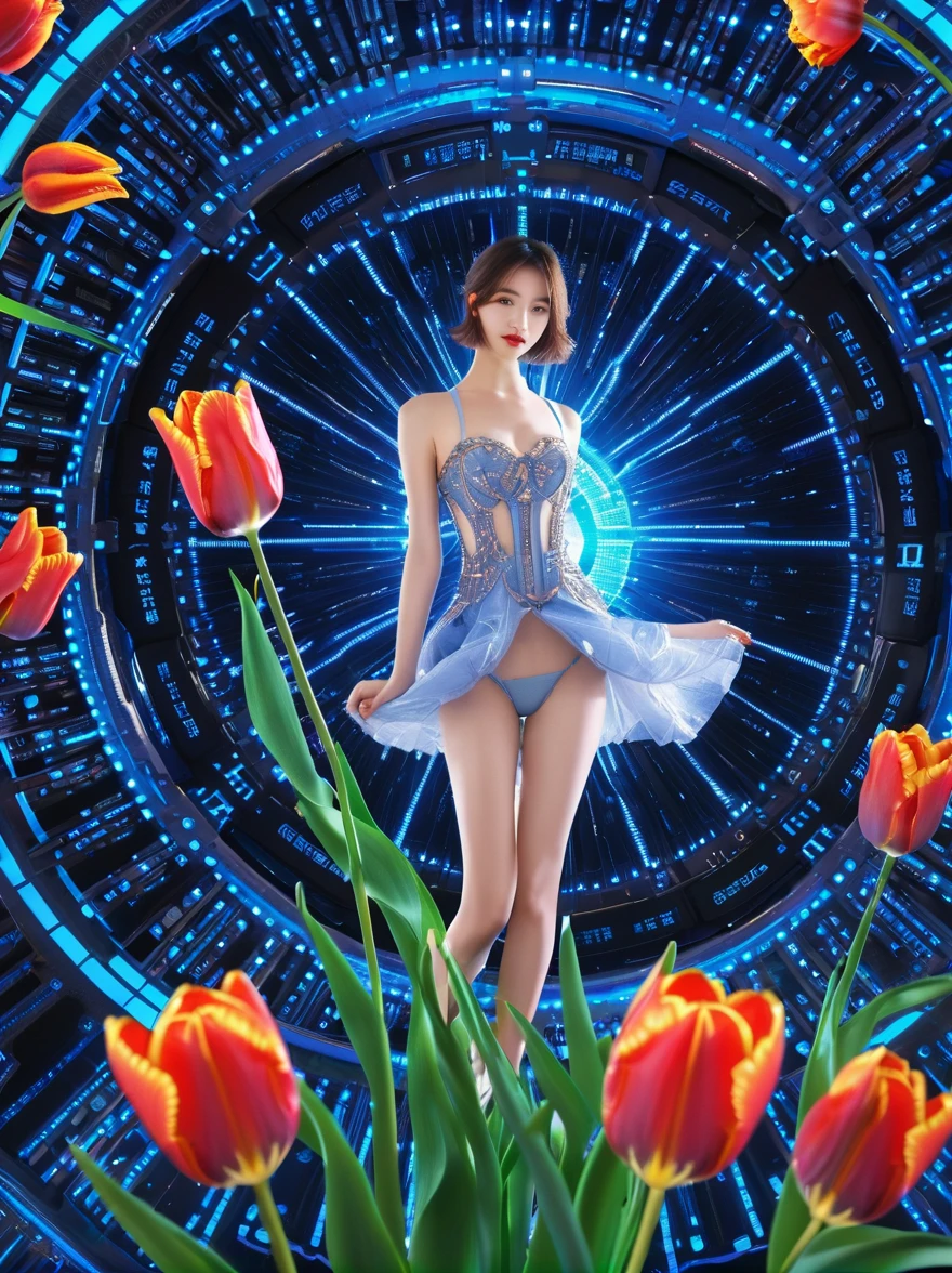 (3D,Mechanical feel,cute,ais-scrapyrd 1girl,tulip),(使用广角镜头拍摄whole body图像:1.9),(masterpiece:1.1),(Highest quality:1.1),(HDR:1.0),Ambient Light,Ultra high quality,(Ultra-detailed original illustrations),(1 Girl,whole body),(彩虹tulip花裙),(Slender thighs),(由tulip花朵制成的鞋子: 1.5),((Harajuku Fashion)),((Flowers with human eyes,Eye disease)),Double Exposure,Fusion of Fluid Abstract Art,Fault,(Original illustration composition),(Limited color blending,Extreme art style,Geometric artstyle), , Colorful neon lights,High-tech mechanical parts,Metal body,(详细的振金tulip花朵设计:1.9),Vibrant colors,动态发光tulip花朵,Reflective metal surface,Bright environment,Dynamic poses,Exquisite existence,Skills Improvement,Interlocking mechanical gears,Stylish design,motion blur effect,Detailed metal treatment,Sci-fi atmosphere,Streamlined aerodynamic shape,Laser scanning pattern,Holographic projection,LED light track,Beautiful and unforgettable,Advanced sensors,Complex algorithms,Ominous and mysterious atmosphere,Electric Spark,Shiny chrome,Propulsion systems of the future,(Best quality,8k,high resolution,masterpiece:1.2),Super detailed,(whole body:1.8), magazine photography,一个cute的女孩形象,Popular on social platforms,((Dopamineism)),(((Dopamine color matching))),Dopamine,(in the style of Y2K),Luo Erchun,3D古风,Oriental poetry and painting