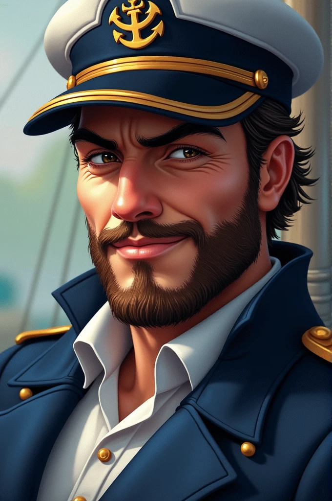 Draw a realistic image, em close do rosto do Capitão Delivery. He must have the appearance of a ship captain, with a traditional captain's uniform in navy blue and white, with gold details. He wears a captain's hat with an anchor symbol. He has a wispy beard and a slight sly smile, with eyes that convey confidence and cunning, similar ao Capitão Jack Sparrow. He must have an air of seriousness and charm. The background is a soft blur, highlighting Captain Delivery's confident and strategic expression, who is always ready to help burger and pizzerias increase their sales through paid traffic strategies.