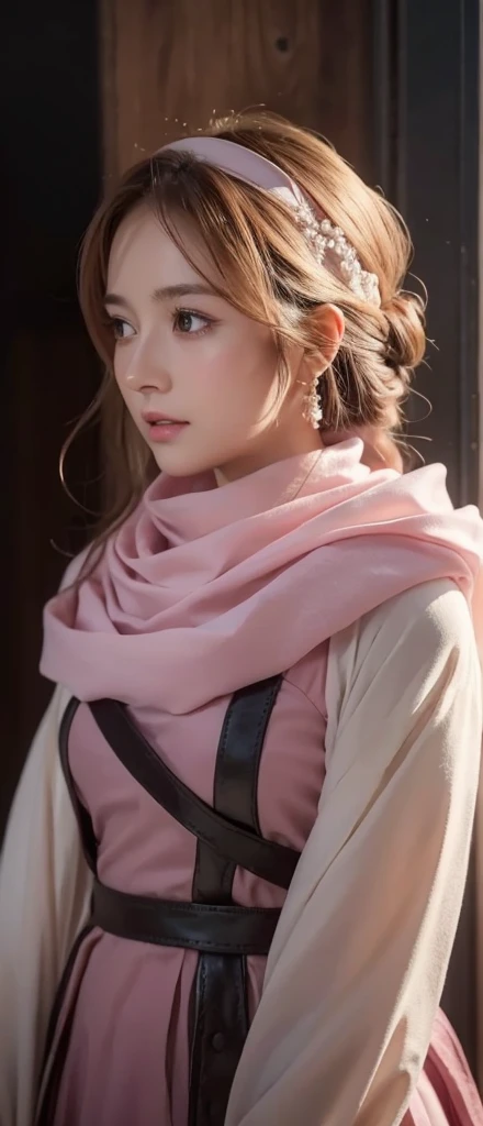 a beautiful girl in a pink dress, standing alone with a cowl headband, profile view looking at the viewer, extremely detailed eyes and face, masterpiece, best quality, high resolution, photorealistic, ultra-detailed, intricate details, delicate features, soft lighting, warm color tones, elegant, feminine, graceful, serene expression