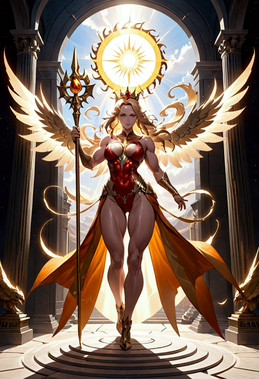 1girl, beautiful sun empress, ((muscular size: 1.3)) detailed eyes, detailed face, mature face, athletic body, looking at viewers,full body, light smile,detailed skin,mature body, tall body,seductive body,medium big breast, medium thigh, detailed clothes BREAK desert and pyramid backgrounds, holding only one long and thick sun scepter, phoenix dragon in sky, highly saturating sunbeams, holy ceremony, angelic halo, golden and orange spark dazzling around, holy magic circle, golden crown , golden majical lightning, best quality, masterpiece, trending on Art station,BREAK,Detailed,Realistic,4k highly detailed digital art,octane render, bioluminescent, cinematic lighting BREAK 8K resolution concept art, realism,by Mappa studios,masterpiece,best quality,official art,illustration,ligne claire,(cool_color),perfect composition,absurdres, fantasy,focused,