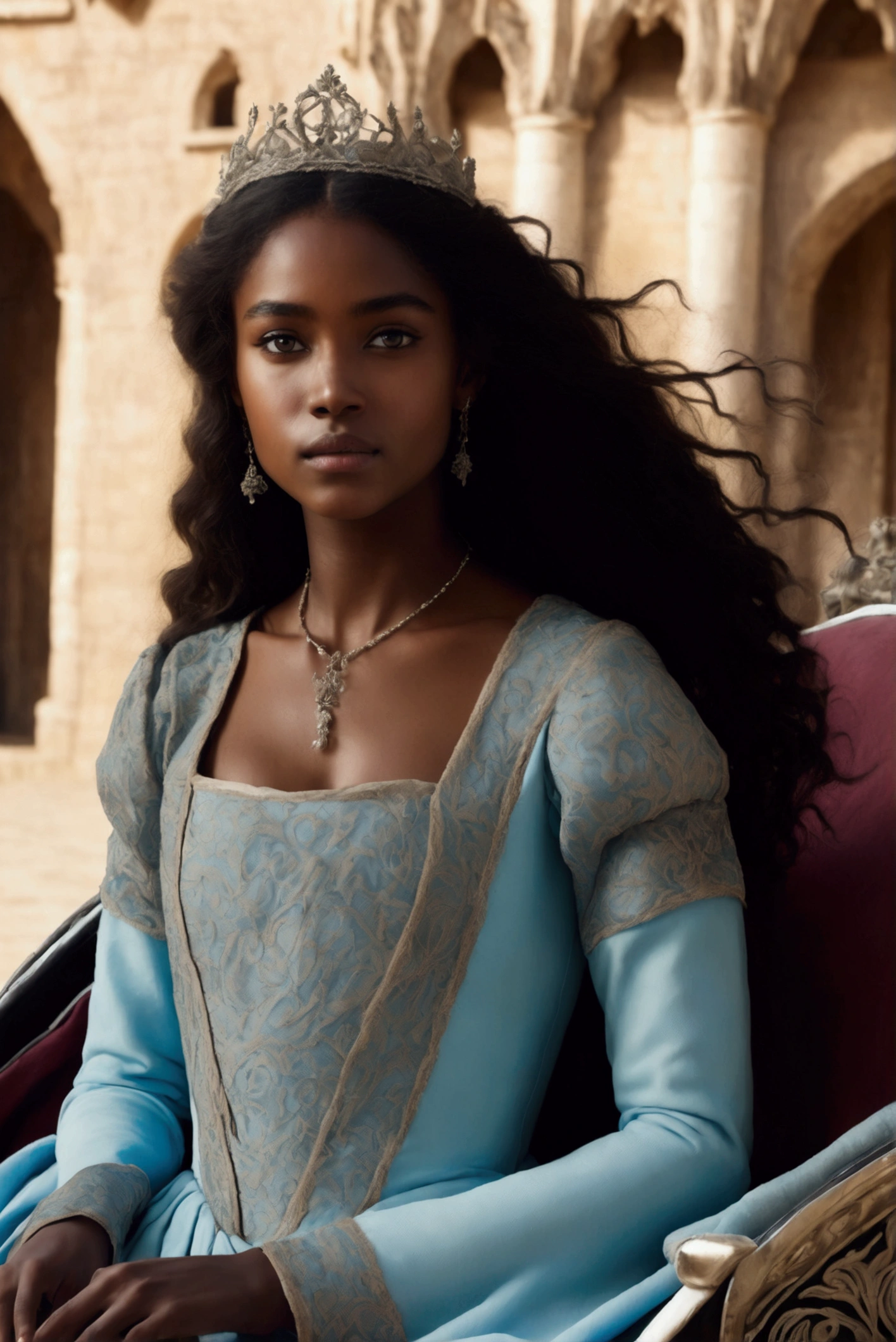 a young woman with dark brown skin, light blue eyes and long dark wavy hair, in a royal carriage wearing a chic medieval dress.