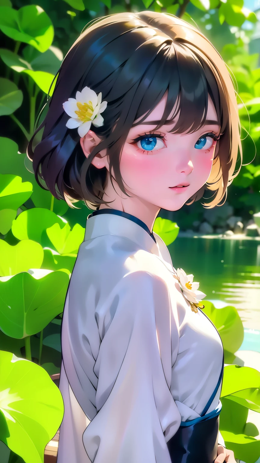 Tabletop, Highest quality, High resolution,Portrait, (((Detailing、8k resolution))), (((Beautiful face drawn in every detail))),Upper body angle,14 years old,One Girl、alone, Highly detailed eye,Beautiful double eyes、 ((Beautiful silky hair、Short Bob、Shortcuts、Flower Hair Ornaments))、(((Beautiful Ao Dai:1.3、Ao Dai,Beautiful White Ao Dai)))、Plein Air、Lake Lotus