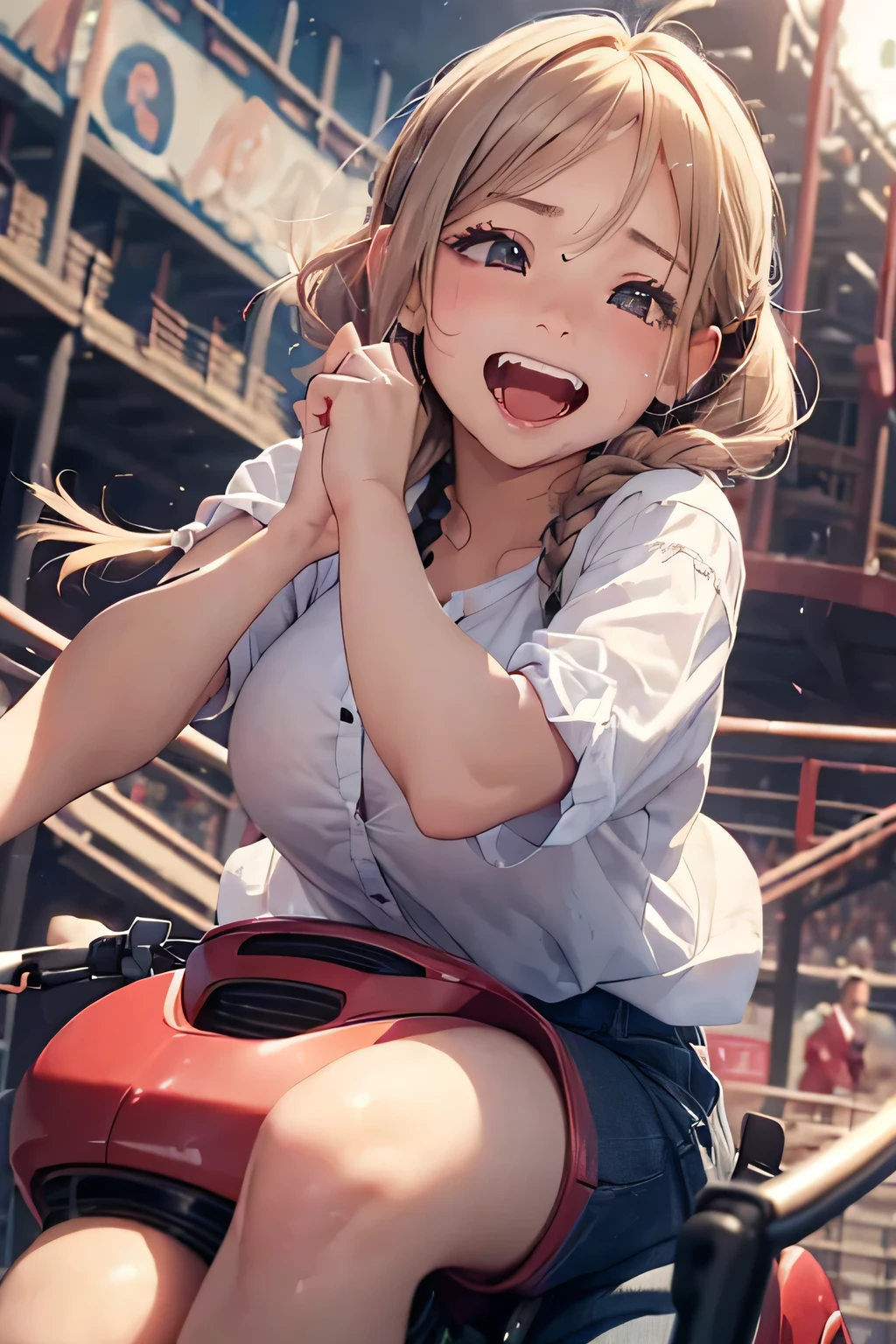 Highest quality、High resolution、Detailed Background、(Beautiful face in every detail:1.4)、Anatomically correct、(Normal number of fingers:1.2)、Highly detailed face、Detailed eyes、Teenage beauty、Huge breasts、Perfect body line、Light color hair、Braided bob cut、Braided Ponytail、Braided twin tails、well-groomed eyebrows、Attraction Park、Thrilling attractions、Stretch your arms、Show your side、
(Girl screaming with excitement and joy while riding a thrilling ride:1.5)、
Extremely excited、eyes wide open、Mouth slightly open or smiling widely、A slight redness on the face and neck due to an increased heart rate