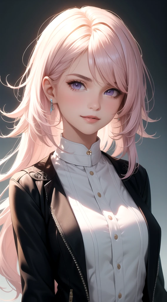 (masterpiece, best quality), intricate details, thin, ((slim)), beautiful girl, Light pink hair, white skin, light purple eyes, sharp jawline, cropped jacket, messy hair, lips, upper body, close up, smirk