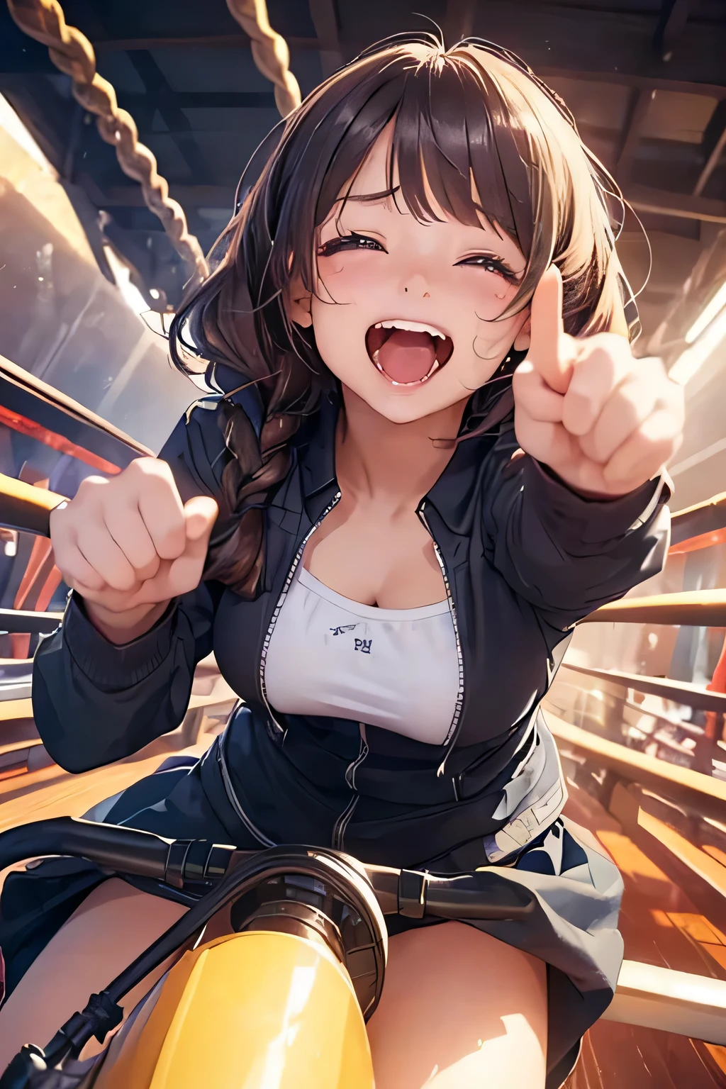 Highest quality、High resolution、Detailed Background、(Beautiful face in every detail:1.4)、Anatomically correct、(Normal number of fingers:1.2)、Highly detailed face、Detailed eyes、Teenage beauty、Huge breasts、Perfect body line、Light color hair、Braided bob cut、Braided Ponytail、Braided twin tails、well-groomed eyebrows、Attraction Park、Thrilling attractions、Stretch your arms、Show your side、
(Girl screaming with excitement and joy while riding a thrilling ride:1.5)、
Extremely excited、eyes wide open、Mouth slightly open or smiling widely、A slight redness on the face and neck due to an increased heart rate