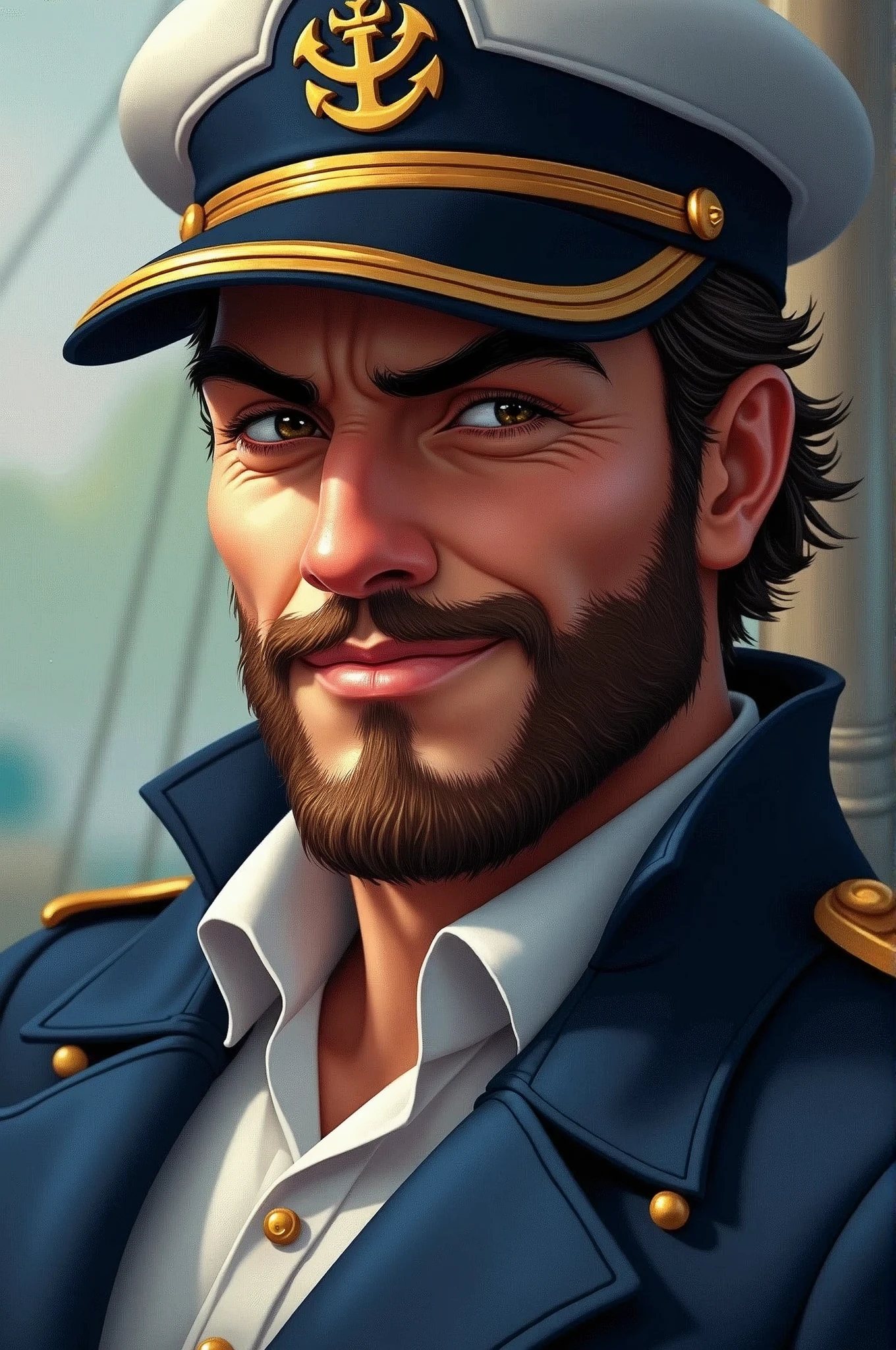 Draw a realistic image, em close do rosto do Capitão Delivery. He must have the appearance of a ship captain, with a traditional captain&#39;s uniform in navy blue and white, with gold details. He wears a captain&#39;s hat with an anchor symbol. He has a wispy beard and a slight sly smile, with eyes that convey confidence and cunning, similar ao Capitão Jack Sparrow. He must have an air of seriousness and charm. The background is a soft blur, highlighting Captain Delivery&#39;s confident and strategic expression, who is always ready to help burger and pizzerias increase their sales through paid traffic strategies.