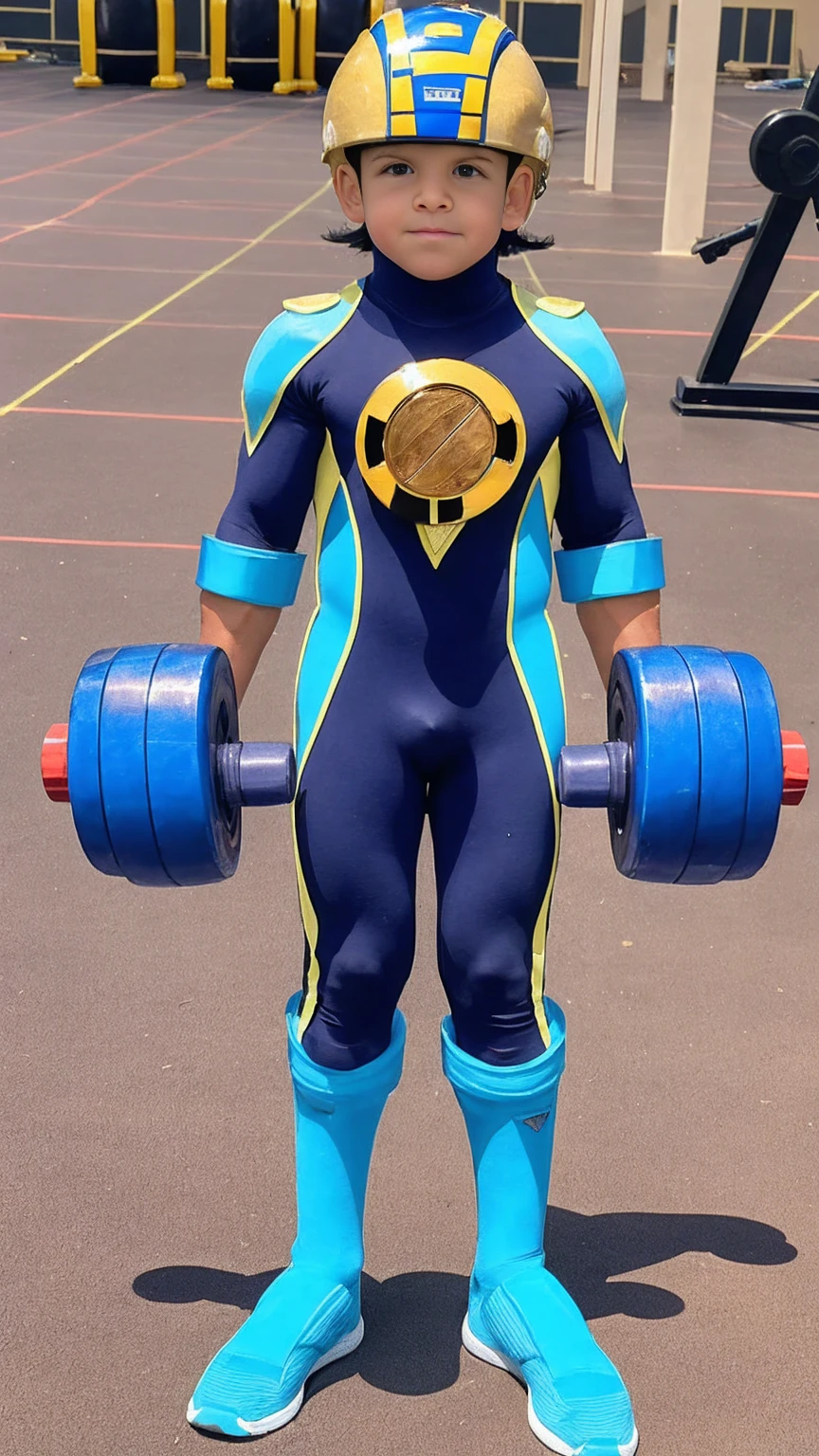 Desert Oasis,Huge muscles,Huge penis,Boy wearing a blue helmet,Hero Suit,（（（8--old ）））,Rubber Suit,Get fit with dumbbells,Painful expression,8-head body and long legs