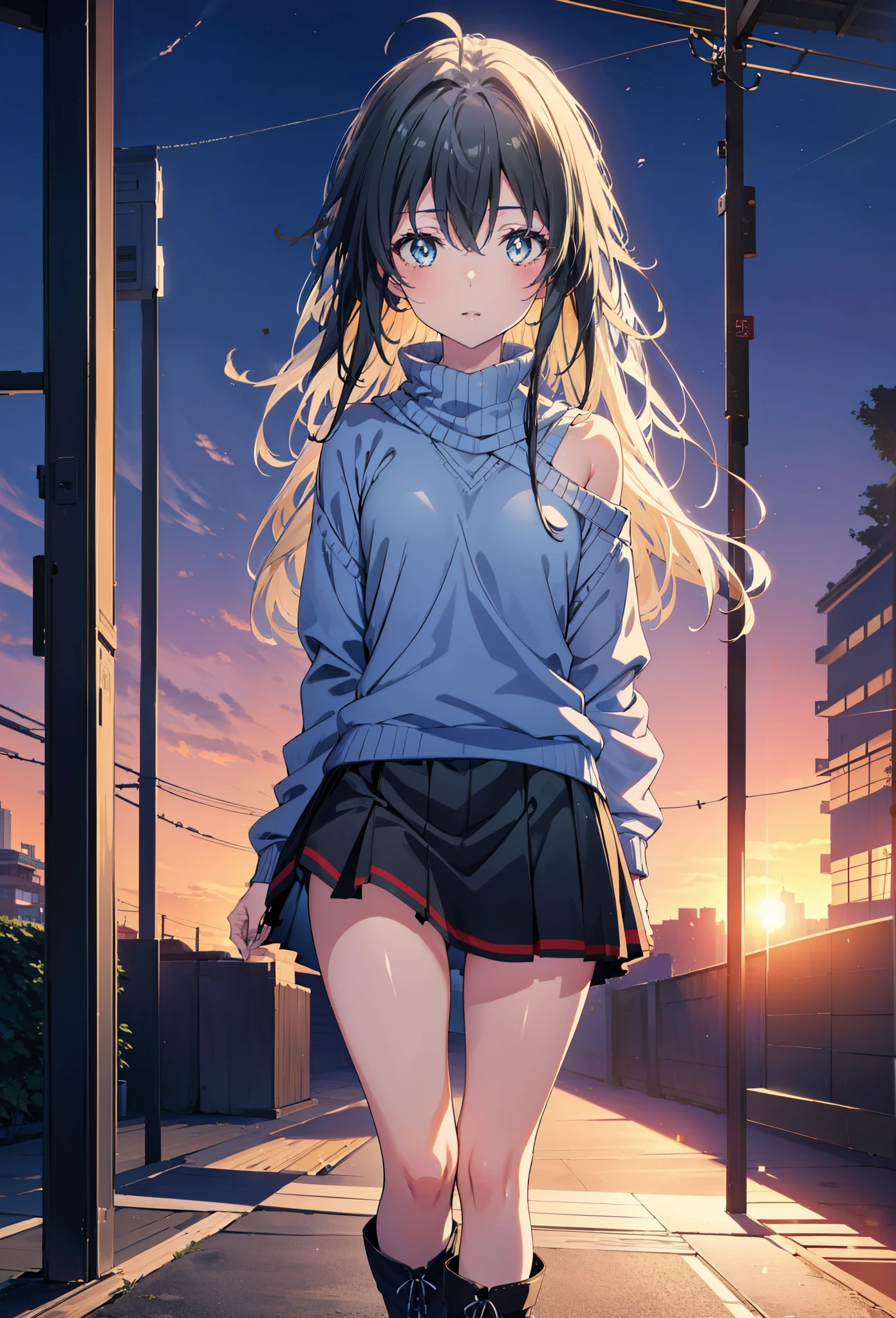 Yukino, yukino yukinoshita, Black Hair, blue eyes,smile, Long Hair, Ahoge,One-shoulder sweater,mini skirt,Black tights,short boots,whole bodyがイラストに入るように,morning,morning陽,The sun is rising,Walking,
break looking at viewer,whole body,
break outdoors, Building district,
break (masterpiece:1.2), Highest quality, High resolution, unity 8k wallpaper, (shape:0.8), (Beautiful and beautiful eyes:1.6), Highly detailed face, Perfect lighting, Highly detailed CG, (Perfect hands, Perfect Anatomy),
