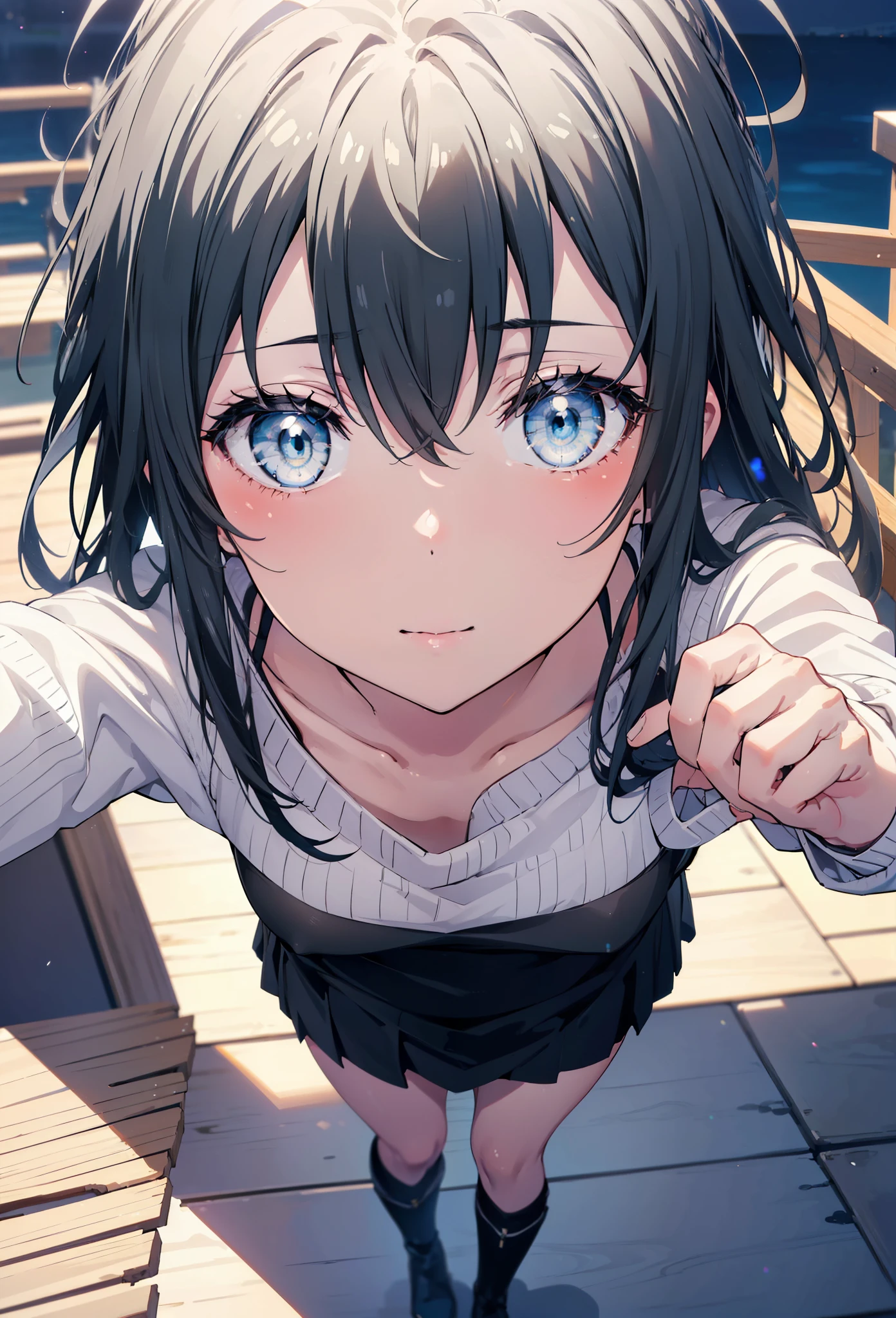 Yukino, yukino yukinoshita, Black Hair, blue eyes,smile, Long Hair, Ahoge,One-shoulder sweater,mini skirt,Black tights,short boots,whole bodyがイラストに入るように,morning,morning陽,The sun is rising,Walking,
break looking at viewer,whole body,
break outdoors, Building district,
break (masterpiece:1.2), Highest quality, High resolution, unity 8k wallpaper, (shape:0.8), (Beautiful and beautiful eyes:1.6), Highly detailed face, Perfect lighting, Highly detailed CG, (Perfect hands, Perfect Anatomy),