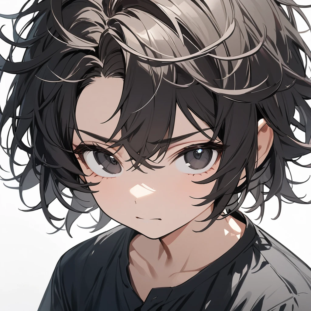 artwork, best quality, well detailed, boy, cute, black eyes, dark hair, short hair, messy hair, not smiling, dress shirt, black t-shirt, short sleeves, looking forward, looking at viewer, standing, still, upper body, white background.