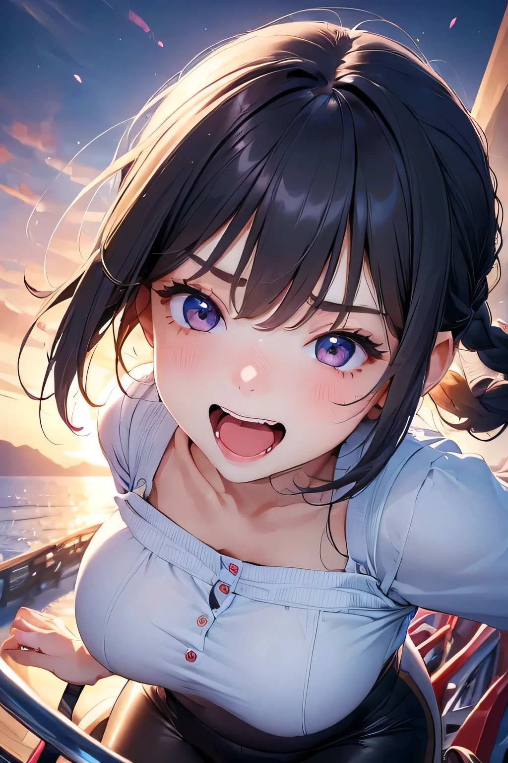 Highest quality、High resolution、Detailed Background、(Beautiful face in every detail:1.4)、Anatomically correct、(Normal number of fingers:1.2)、Highly detailed face、Detailed eyes、Teenage beauty、Huge breasts、Perfect body line、Light color hair、Braided bob cut、Braided Ponytail、Braided twin tails、well-groomed eyebrows、Attraction Park、Thrilling attractions、Stretch your arms、Show your side、
(Girl screaming with excitement and joy while riding a thrilling ride:1.5)、
Extremely excited、eyes wide open、Mouth slightly open or smiling widely、A slight redness on the face and neck due to an increased heart rate