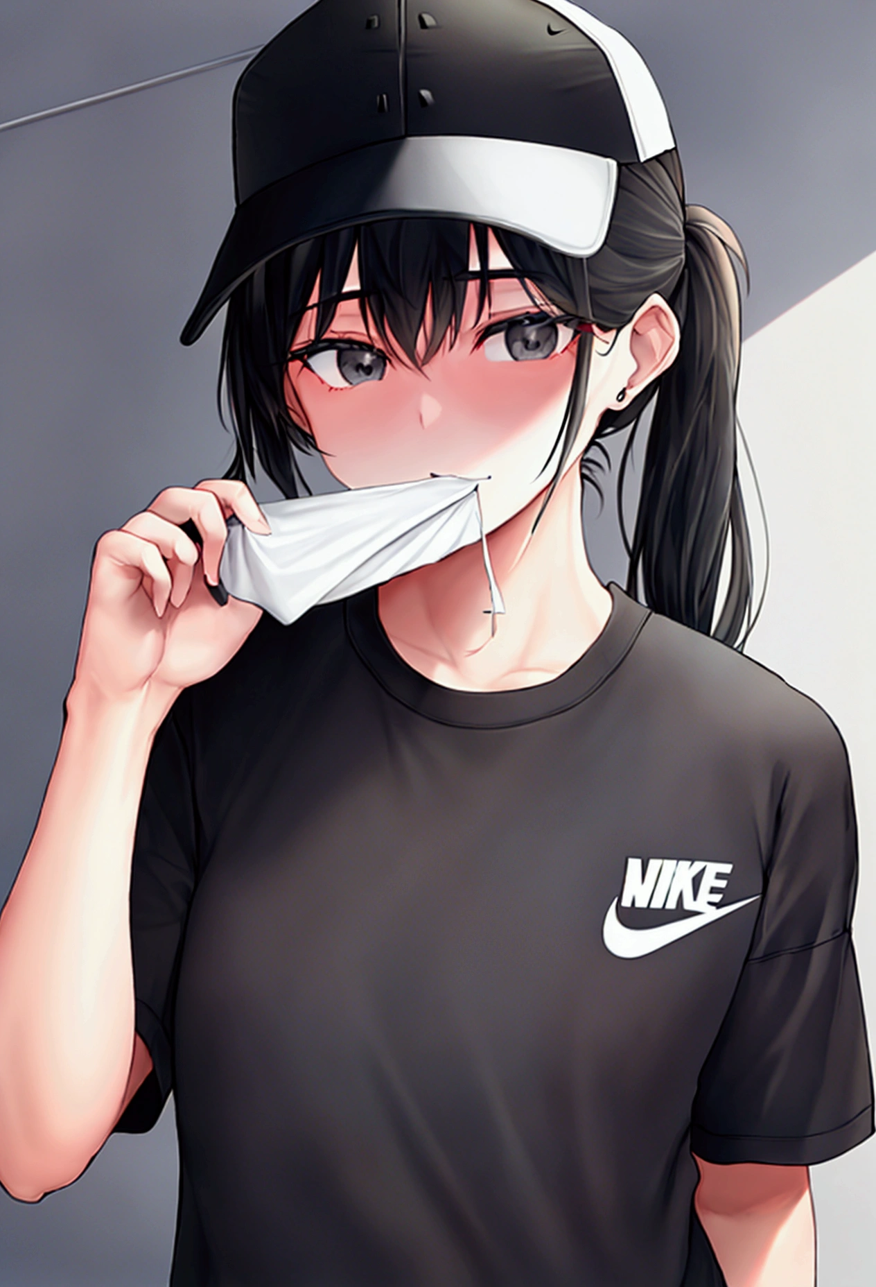 Black hair white color black eyes black Nike cap black Nike shirt leaves black Nike pretty at home