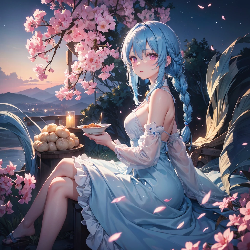 Sky blue hair, (1 braided hair), (Pink eyes),Fair skin) ,(whole body),(One Girl),(White sweet dumpling),Miscanthus sinensis,(beautiful, Full moon shining in the night sky),(masterpiece, Highest quality, Very detailed, Best Shadow), (Detailed Background), (Beautifully detailed face), High Contrast, (Best lighting, Very delicate and beautiful), ((Cinematic Light)), Hyper Detail,8k, Dramatic Light, Intricate details,Sit down and eat dumplings,