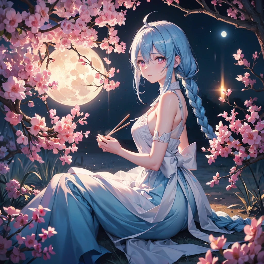 Sky blue hair, (1 braided hair), (Pink eyes),Fair skin)  ,(whole body),(One Girl),(White sweet dumpling),Miscanthus sinensis,(beautiful, Full moon shining in the night sky),(masterpiece, Highest quality, Very detailed, Best Shadow), (Detailed Background), (Beautifully detailed face), High Contrast, (Best lighting, Very delicate and beautiful), ((Cinematic Light)), Hyper Detail,8k, Dramatic Light, Intricate details,Sit down and eat dumplings,