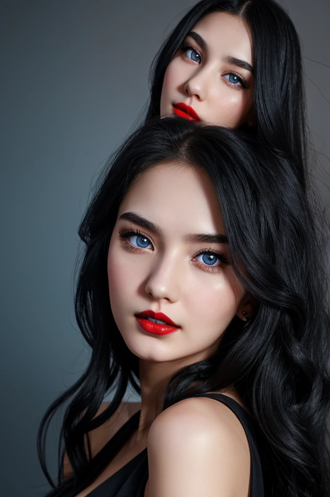 23 year old woman, white skin with long wavy black hair, sleepy blue eyes, red lips with a mole under the mouth, black dress, Realistic style, Black background